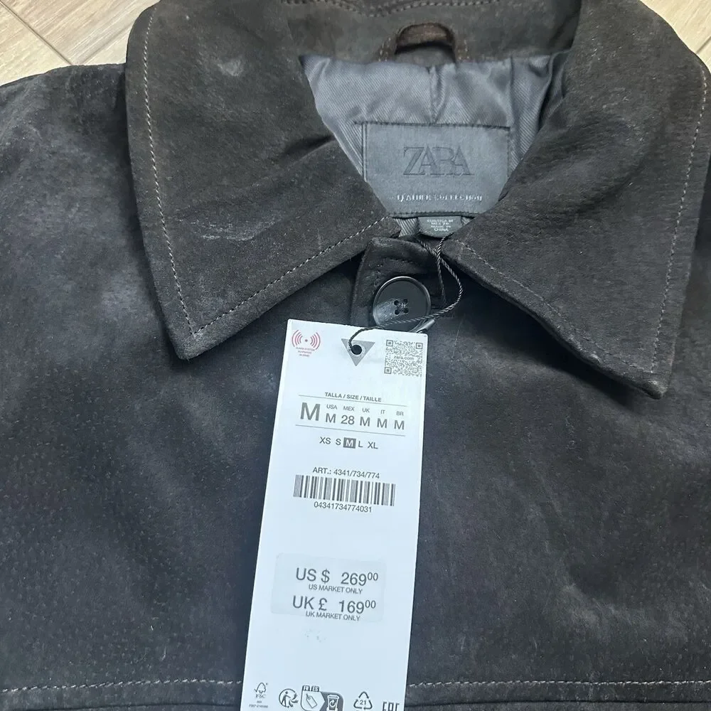 Zara Leather Collection Suede Button Up Jacket Med NWT Black Coat 4341/734/774
